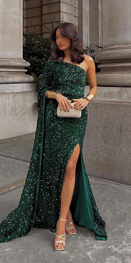 fall wedding guest dresses green sequins with long sleeve one shoulder alamourthelabel