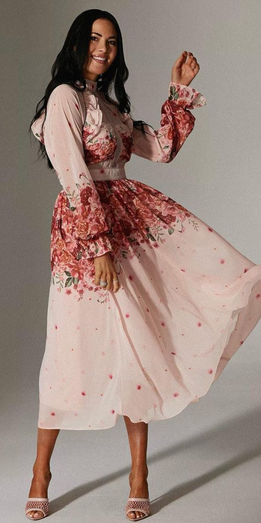 fall wedding guest dresses tea length with long sleeves floral rachelparcell