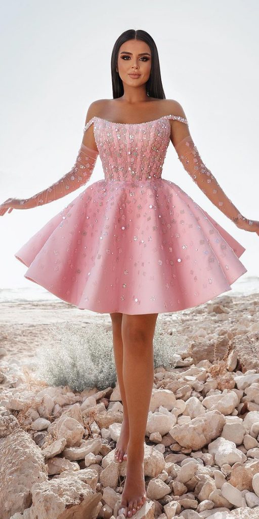 pink wedding dresses short with illusion sleeves sequins saidmhamad