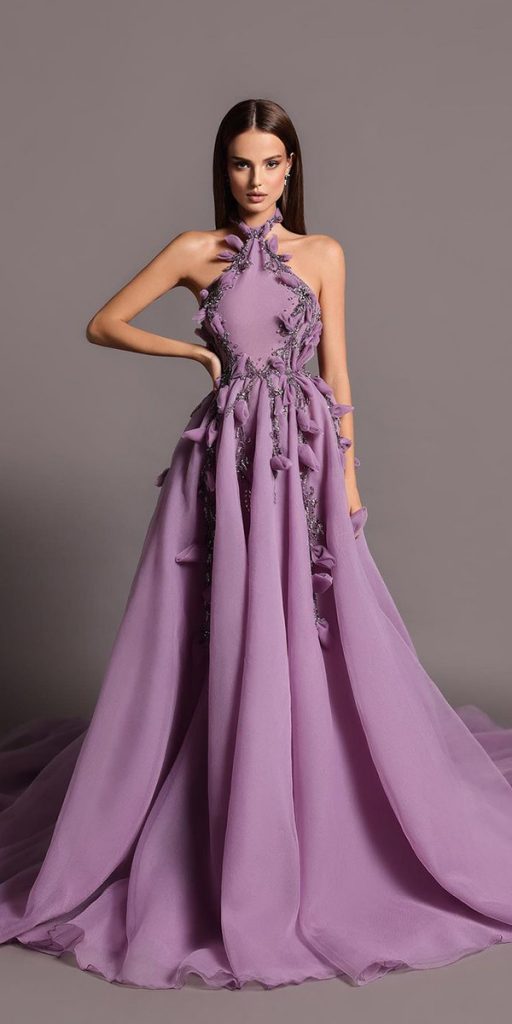 purple wedding dresses simple halter neckline floral fjolla haxhismajli