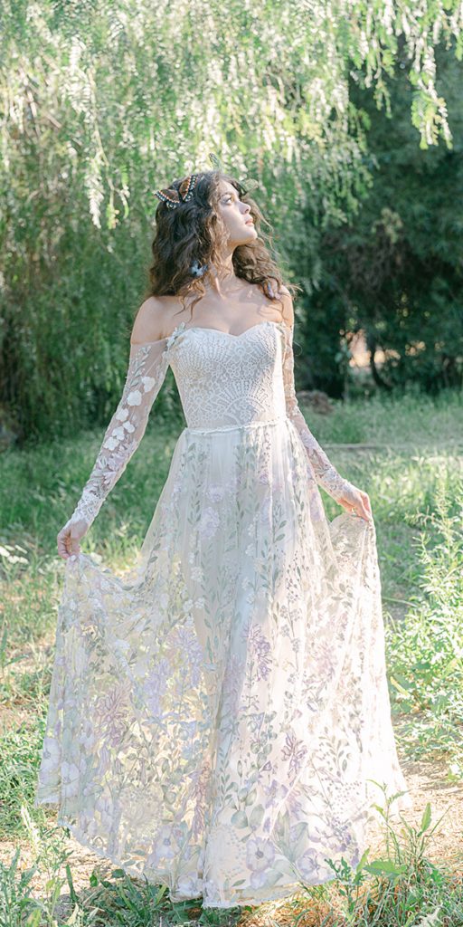 western wedding dresses a line with long sleeves off the shoulder floral claire pettibone