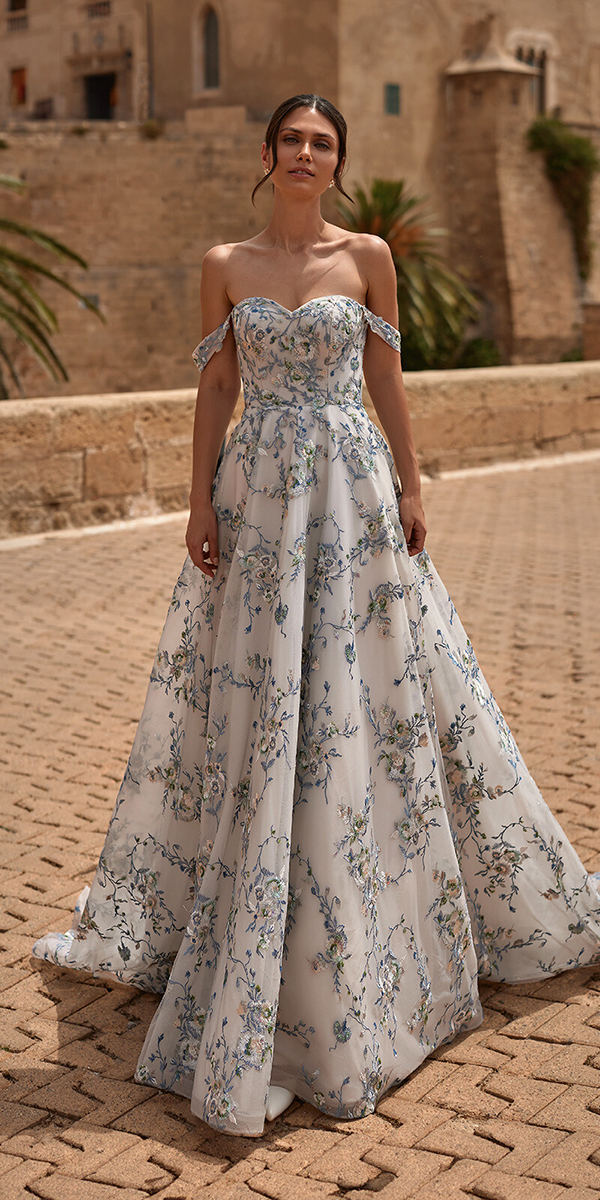 floral wedding dresses a line white blue appliques moonlight