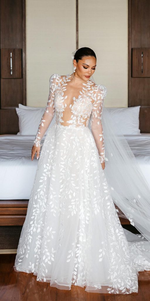 long sleeve wedding dresses a line illusion sleeves floral appliques sexy pnina tornai