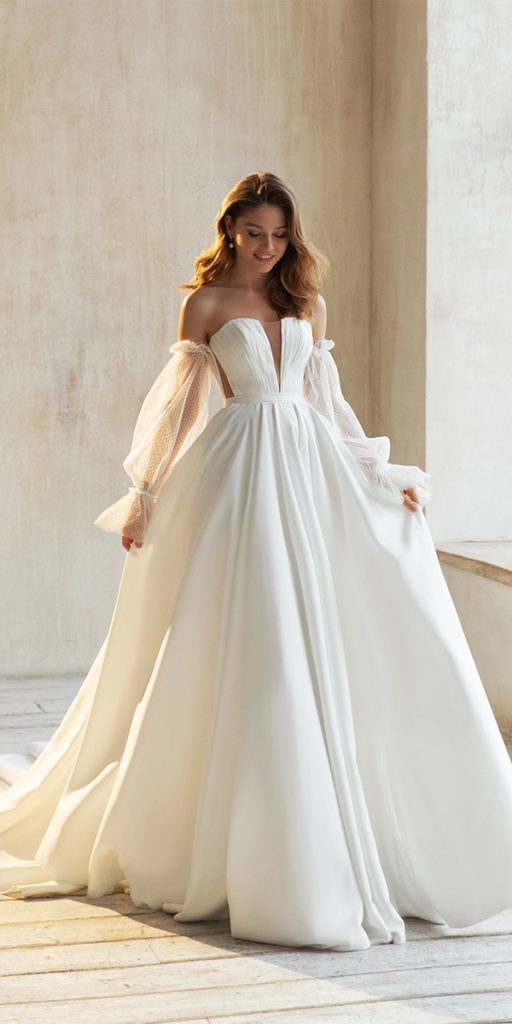 long sleeve wedding dresses ball gown puff sleeves strapless neckline evalendel