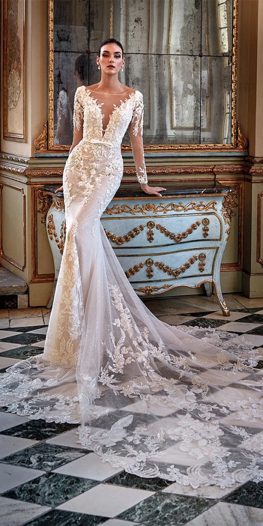 trendy wedding dresses lace with illusion long sleeves sexy pronovias