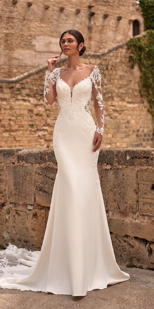 trendy wedding dresses sheath with illusion long sleeves lace val stefani