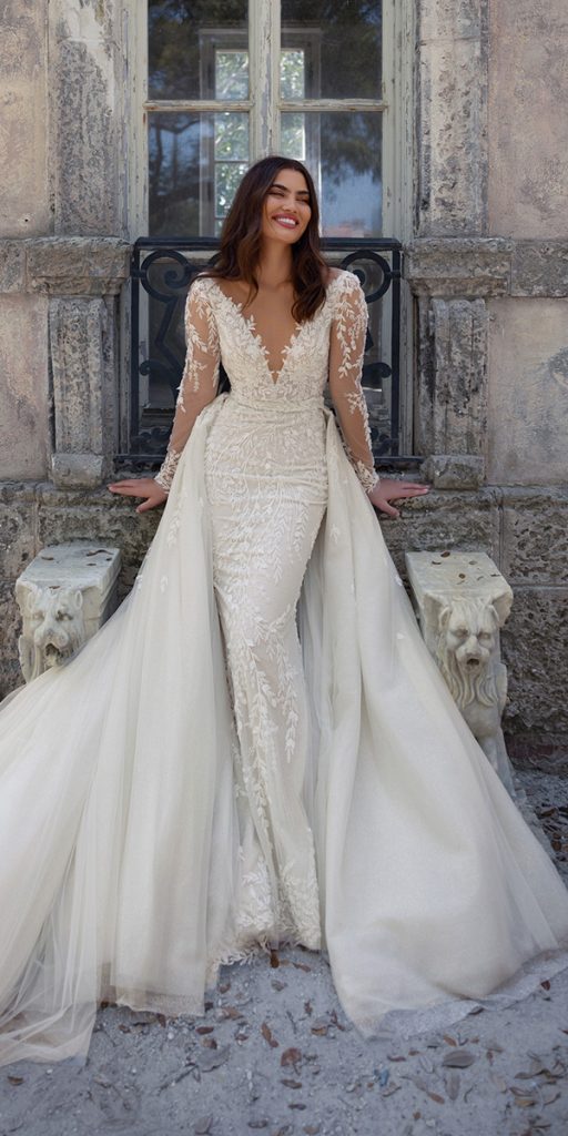 mermaid wedding dresses lace with long sleeves overskirt wonaconcept