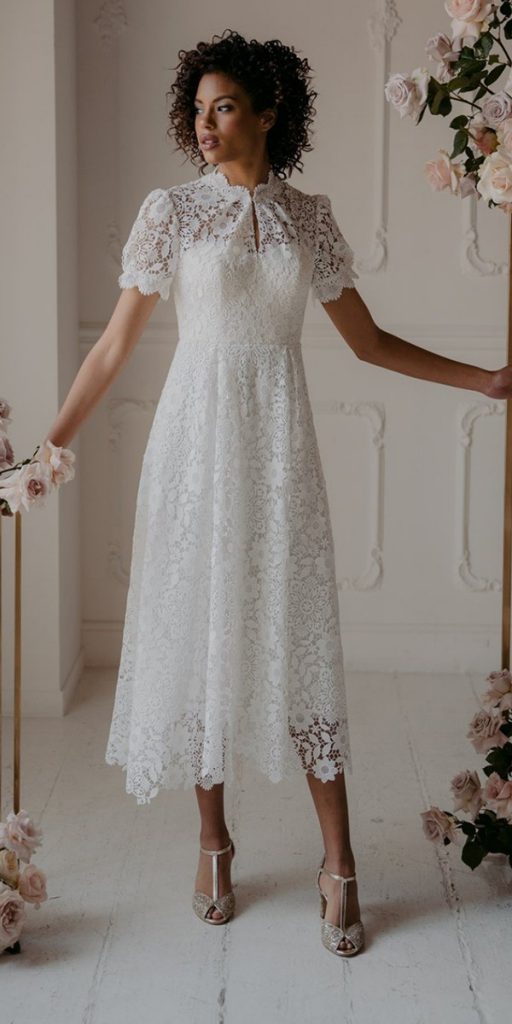 tea length wedding dresses with cap sleeves lace floral manzato