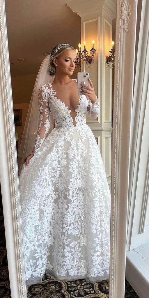 unique lace wedding dresses a line with long sleeves kleinfeldbridal