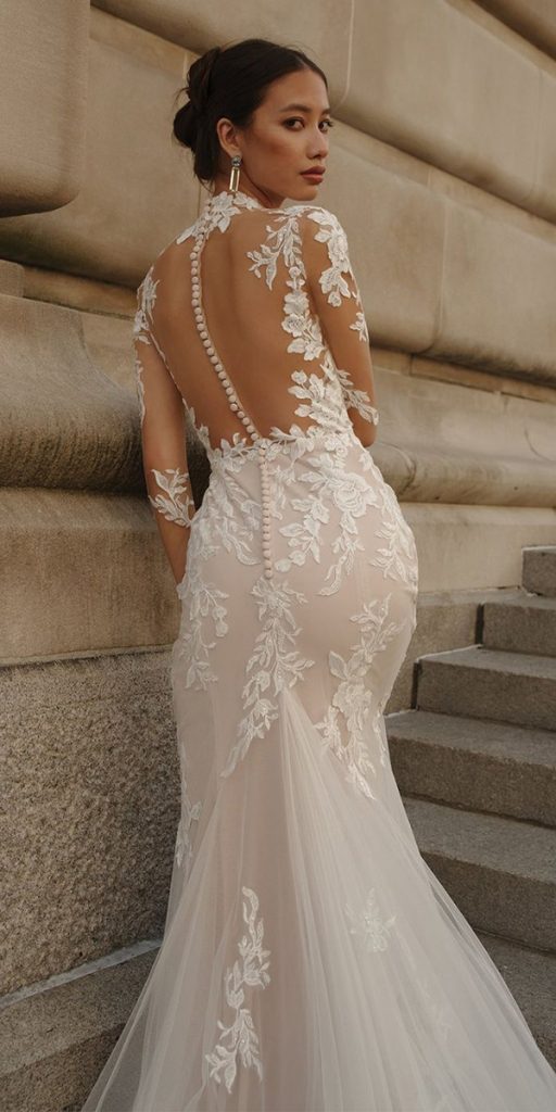 unique lace wedding dresses with illusion long sleeves tattoo effect back justinalexander
