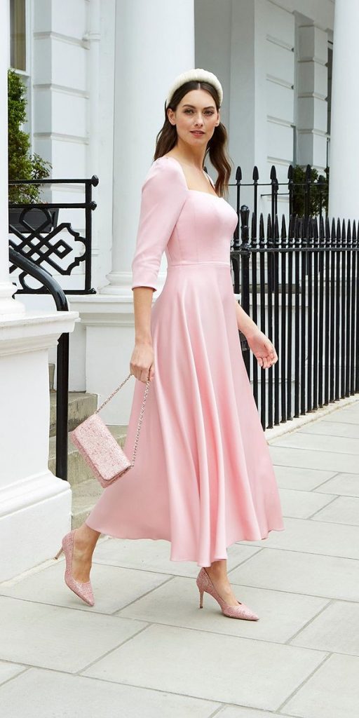 wedding guest dresses for spring simple with sleeves tea length pink sassiholford