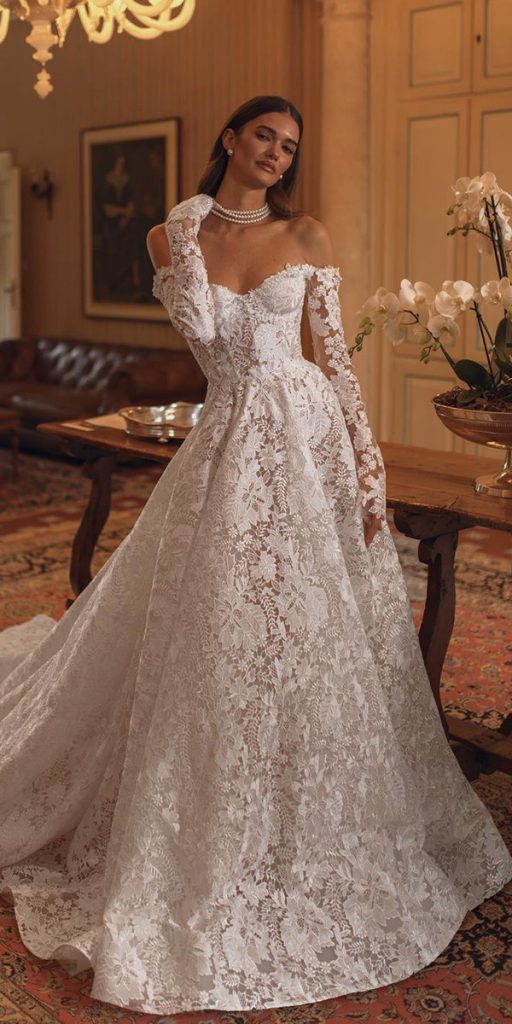 a line wedding dresses with long sleeves lace strapless neckline berta