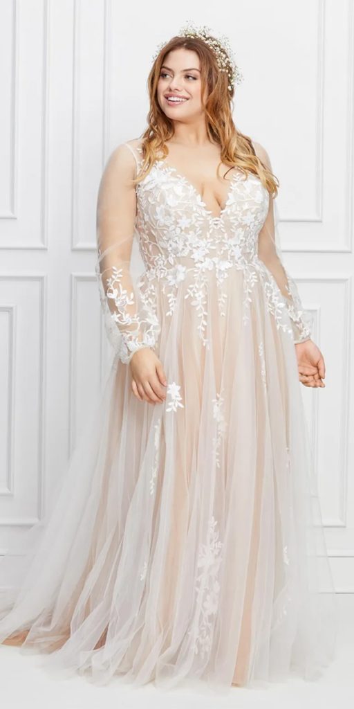 lace plus size wedding dresses blush with illusion sleeves watters