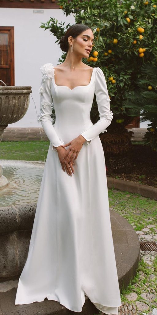 White Simple Wedding Dress Satin Fabric Square Neck Long Sleeves A-Lin —  Bridelily