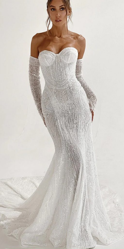 sweetheart mermaid wedding dresses bling off0the shoulder with sleeves pallascouture