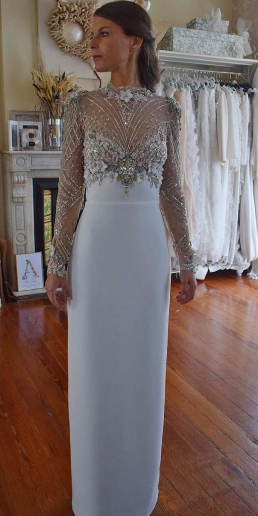 vintage wedding dresses sheath with long sleeves jeweled top alicia rueda