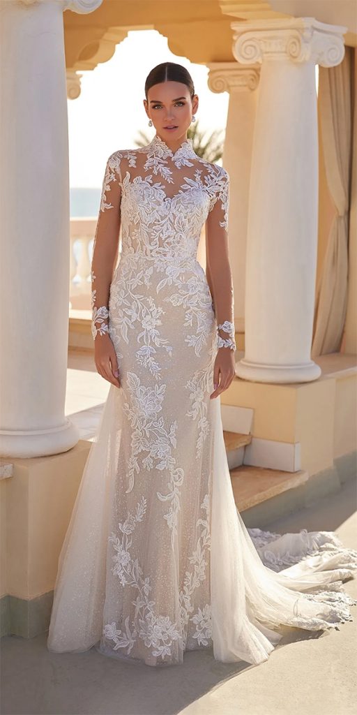 lace bridal gowns sheath with illusion sleeves sanpatric