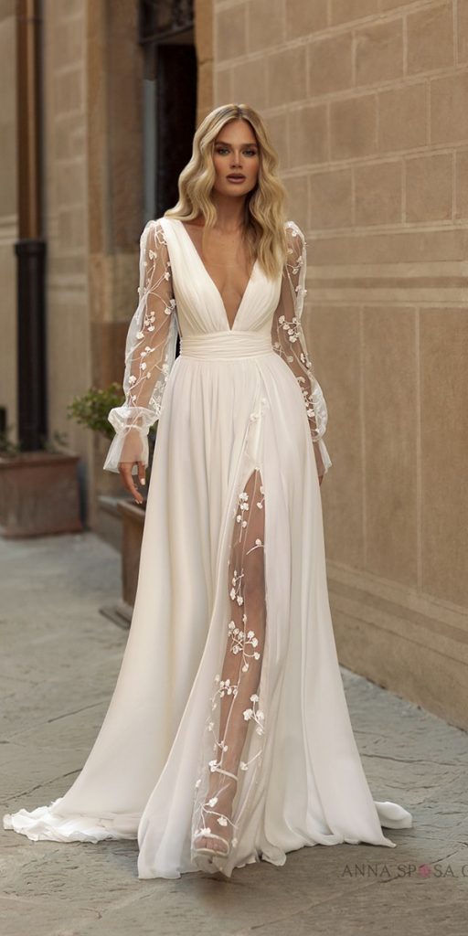 lace boho wedding dresses a line deep v neckline with long sleeves floral appliques anna sposa