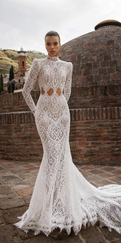 lace boho wedding dresses mermaid with long sleeves vintage lior charchy