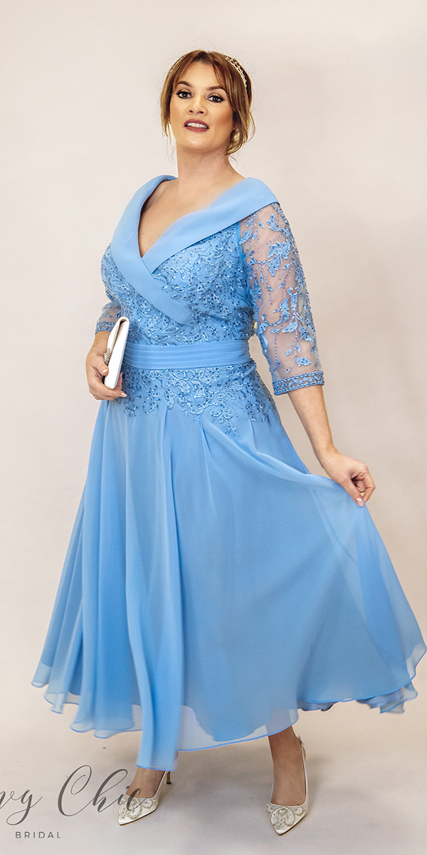long mother of the bride dresses blue lace tea length with sleeves curvychicbrida