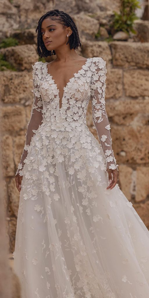 long sleeve wedding dresses a line floral appliques deep v neckline pnina tornai