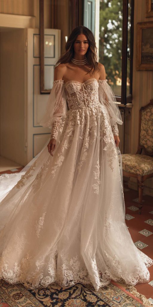 romantic bridal gowns a line with long sleeves lace bohemian berta