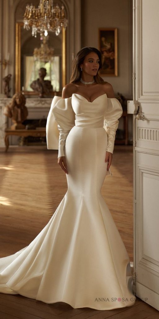 satin mermaid wedding dresses off the shoulder with sleeves simple anna sposa