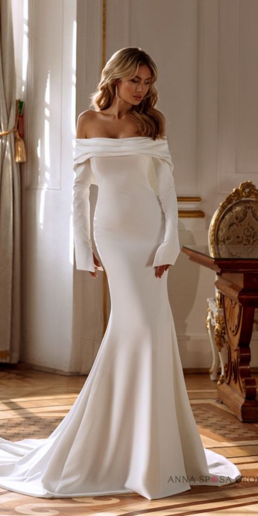 satin mermaid wedding dresses simple with long sleeves off the shoulder anna sposa