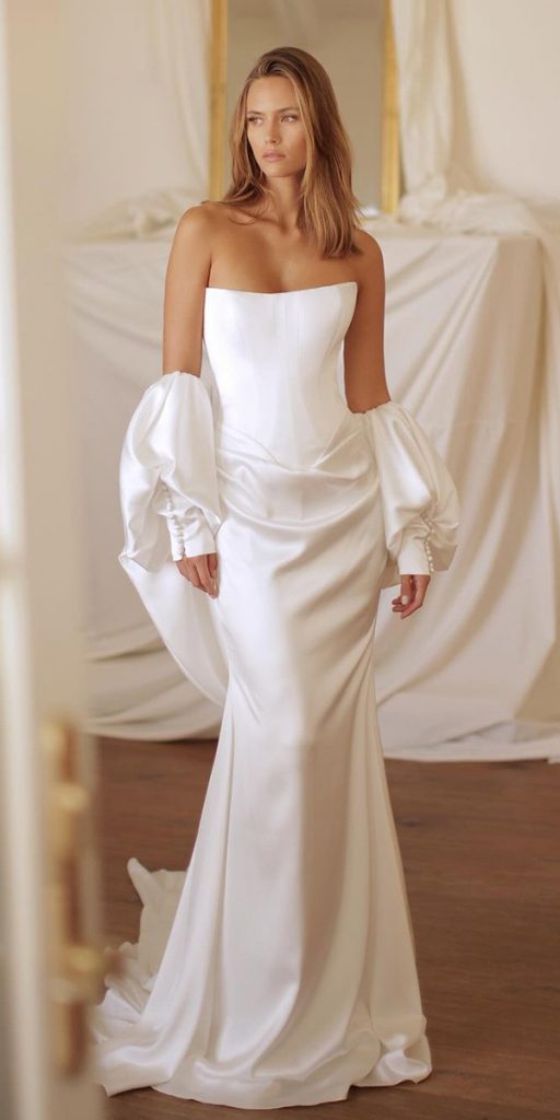 silk wedding dresses mermaid strapless neckline sexy lihihod