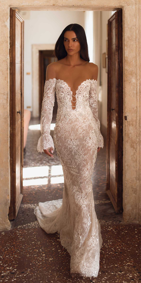 wedding dress designers sheath sexy lace strapless neckline berta