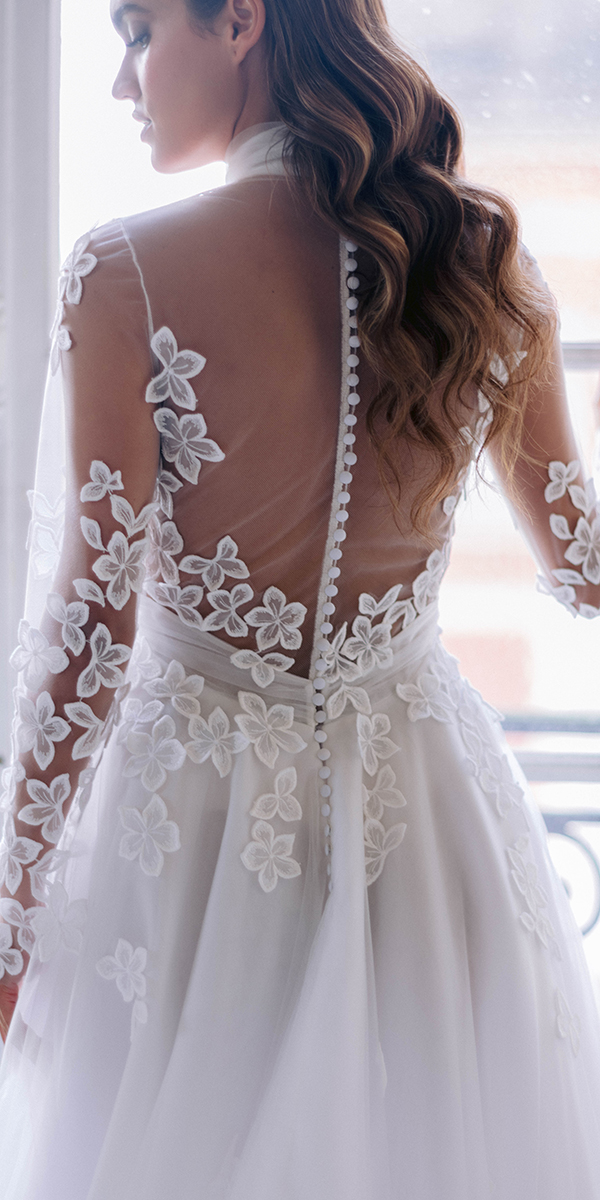 illusion long sleeve wedding dresses boho floral appliques rime arodaky