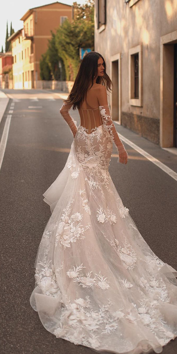 illusion long sleeve wedding dresses fit and flare lace floral sexy berta