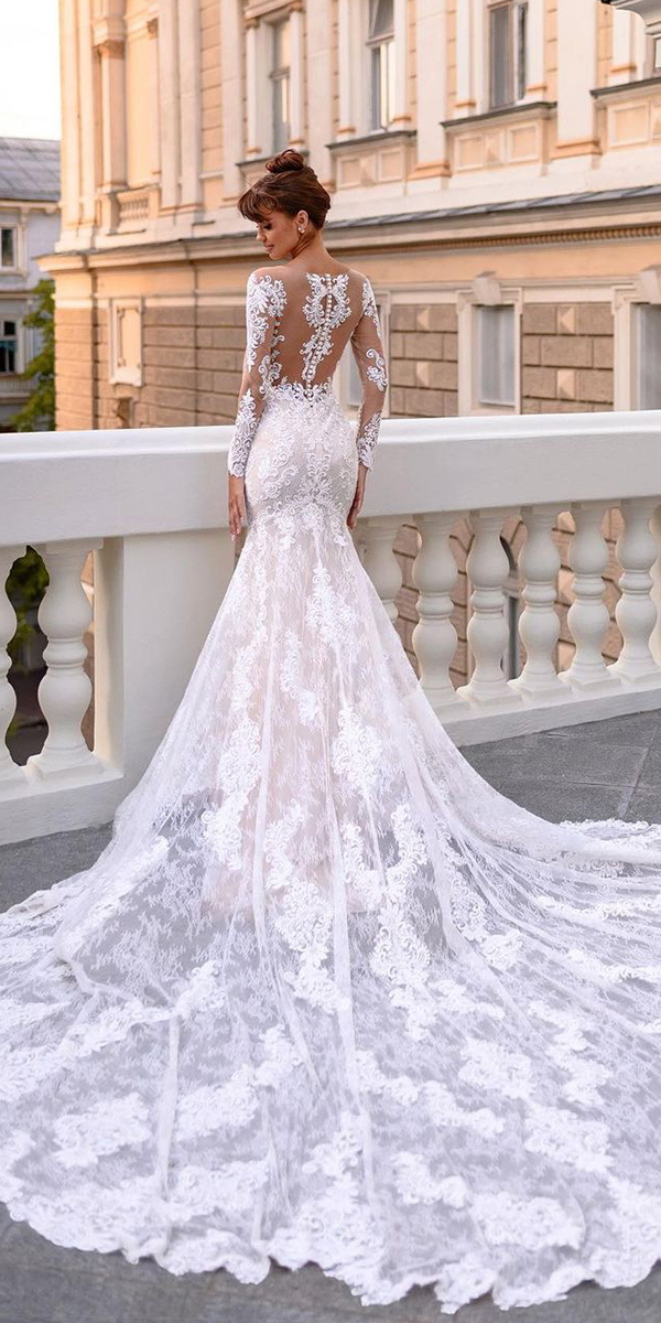 lace back wedding dresses fir and flare with sleeves train anna sposa