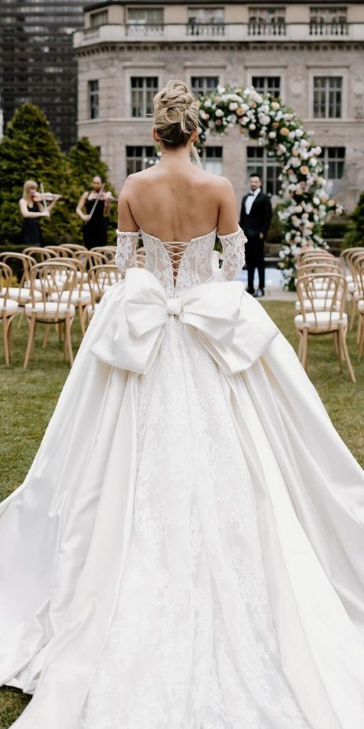 lace ball gown wedding dresses with bow open back sleeves pninatornai