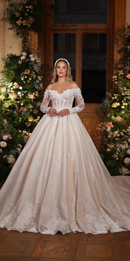 lace ball gown wedding dresses with long sleeves sweetheart neckline vladiyan