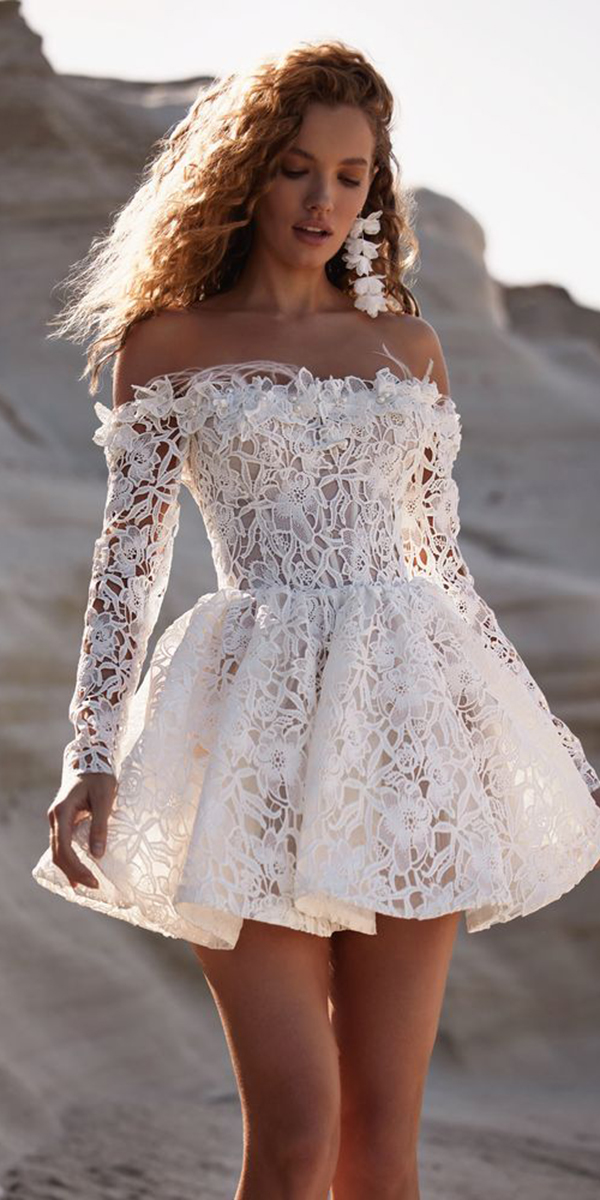 sexy lace short wedding dresses with long sleeves off the shoulder florla milla nova
