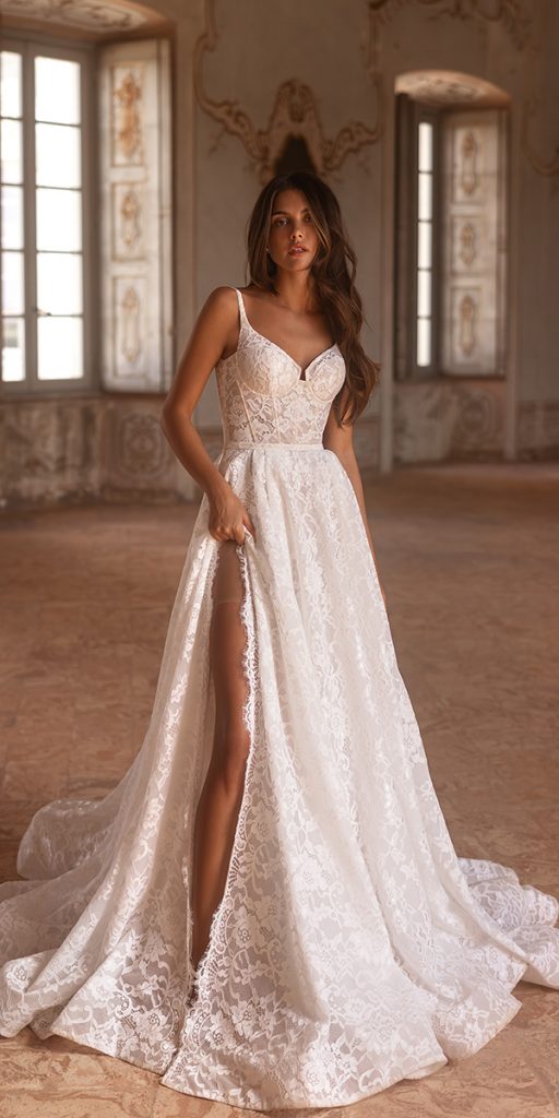 unique lace wedding dresses a line lace with spaghetti straps yedyna