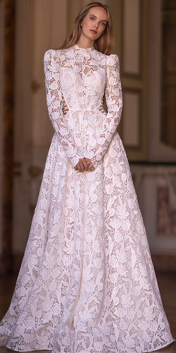 unique lace wedding dresses a line with long sleeves modest lace floral yedyna