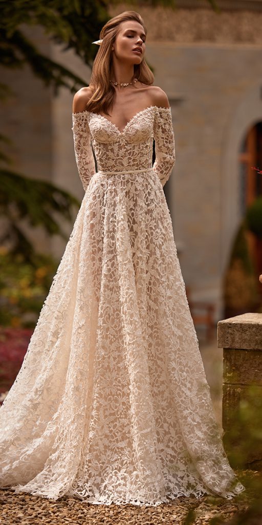 unique lace wedding dresses a line with sleeves pollardi