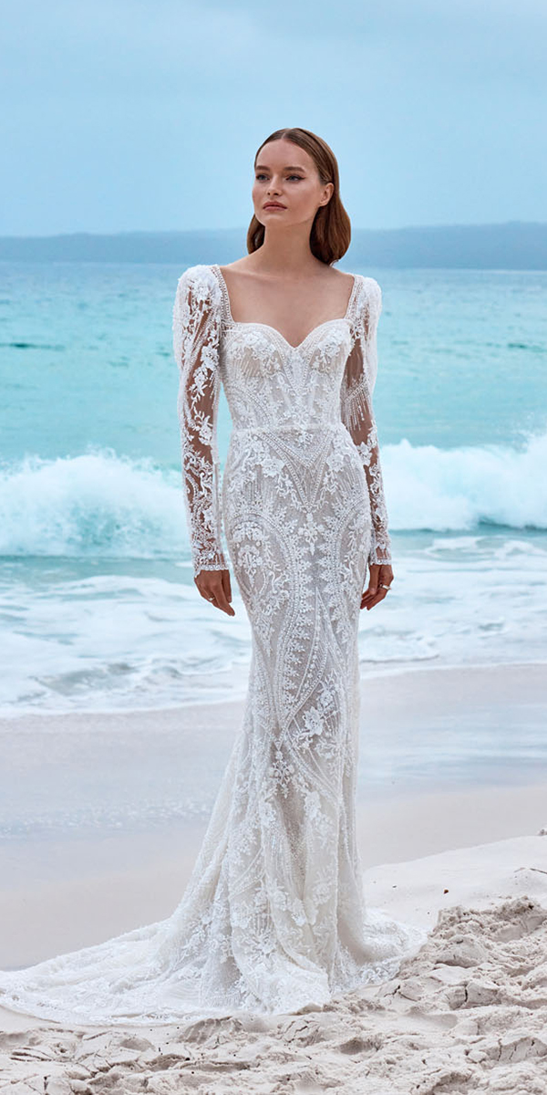 unique lace wedding dresses sheath with long sleeves wonaconcept