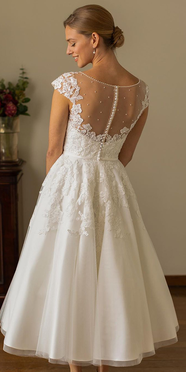 tea length wedding dresses lace with cap sleeves truebride