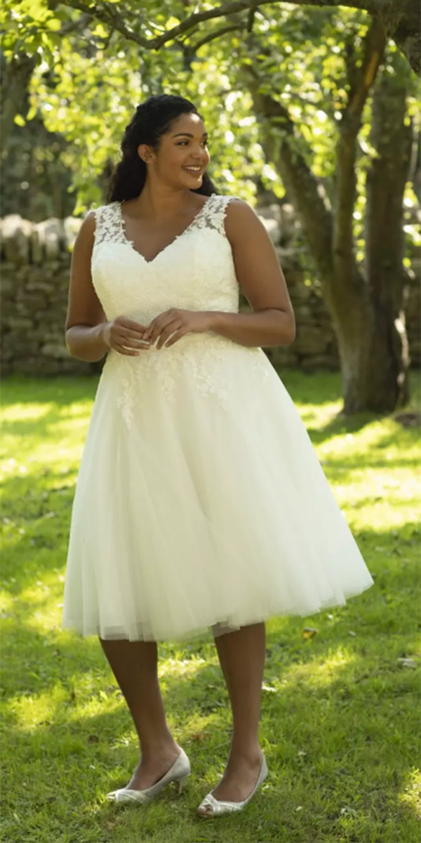 tea length wedding dresses plus size lace v neckline true bride