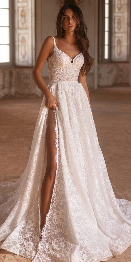 trendy wedding dresses a line lace with slit sexy yedyna