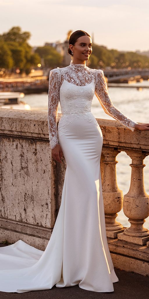 trendy wedding dresses sheath with long sleeves lace oliver martino