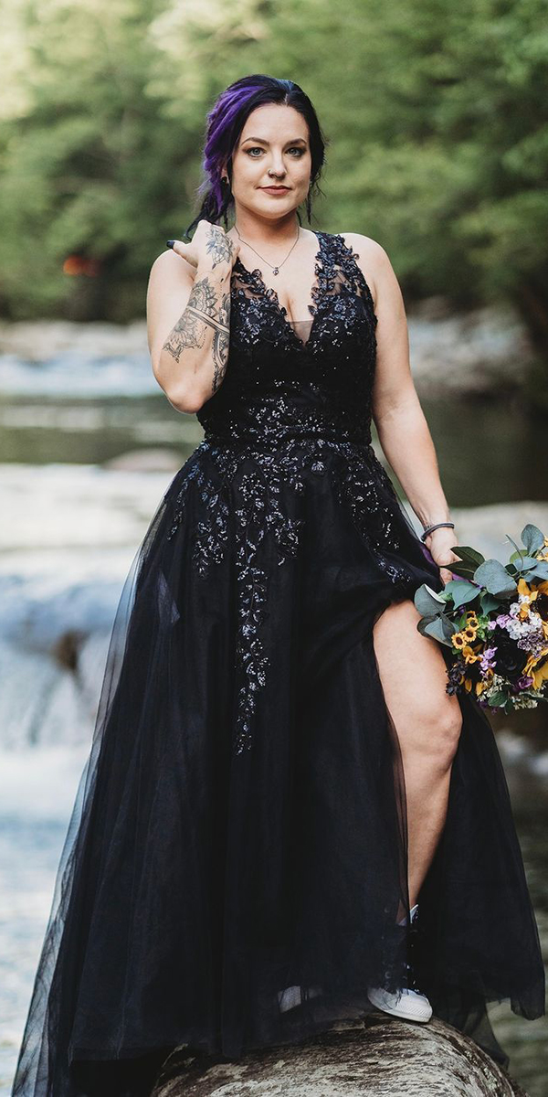 gothic wedding dresses lace v neckline black plus size cocomelodyo