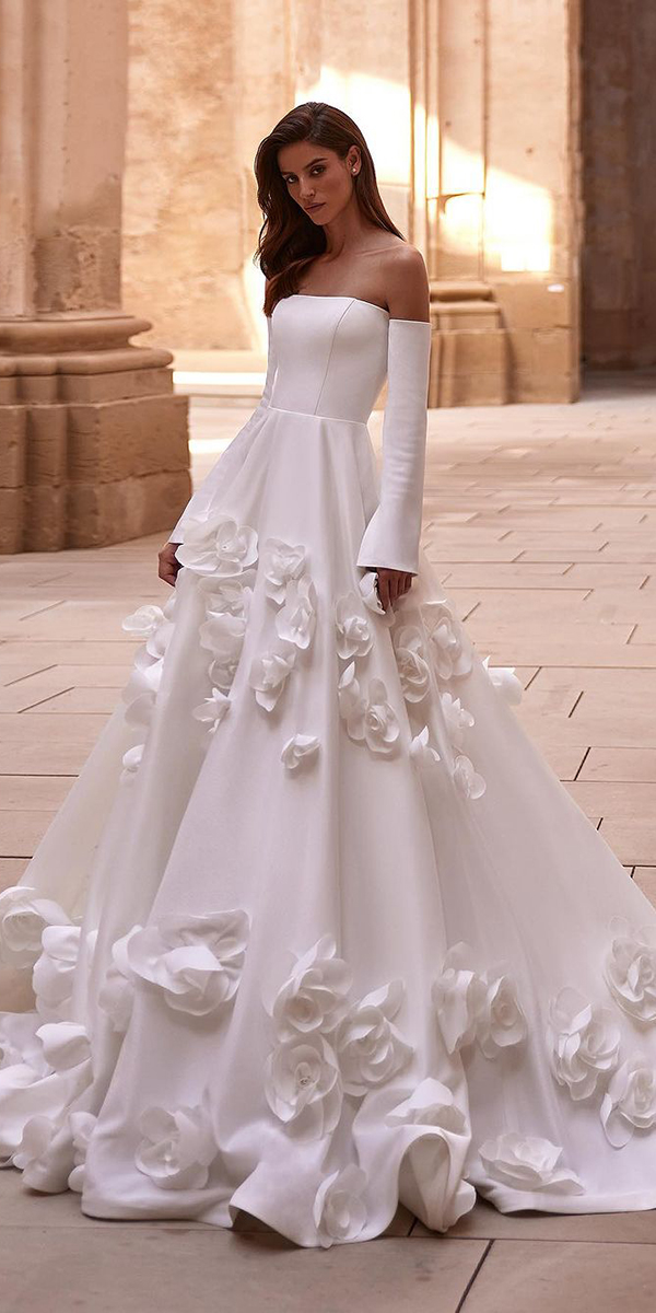 romantic bridal gowns simple with sleeves off the shoulder floral appliques millanova