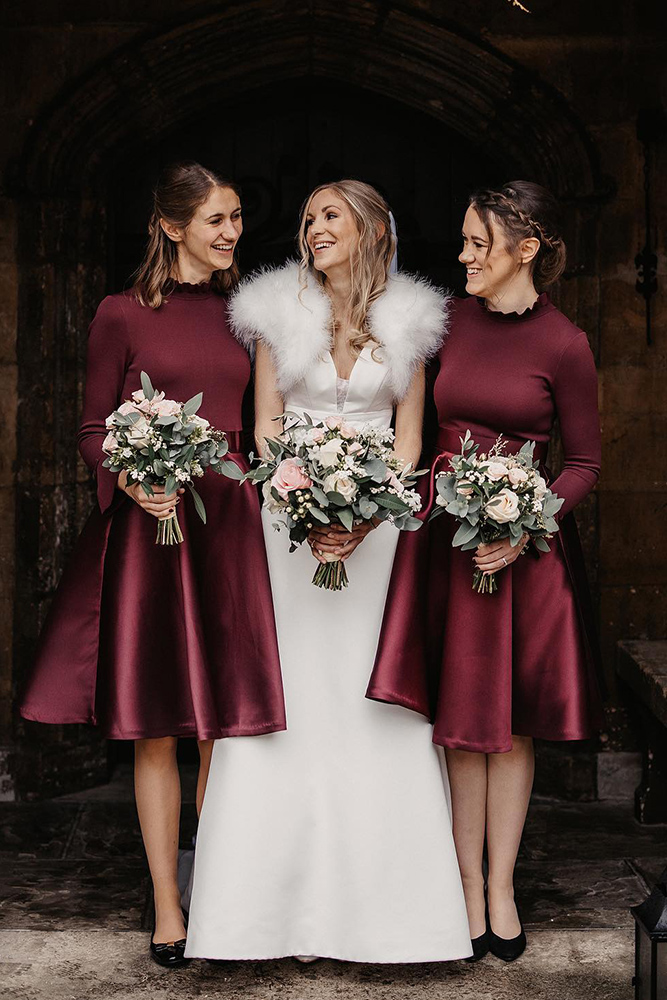 burgundy bridesmaid dresses with sleeves simple knee length sasmsosnov