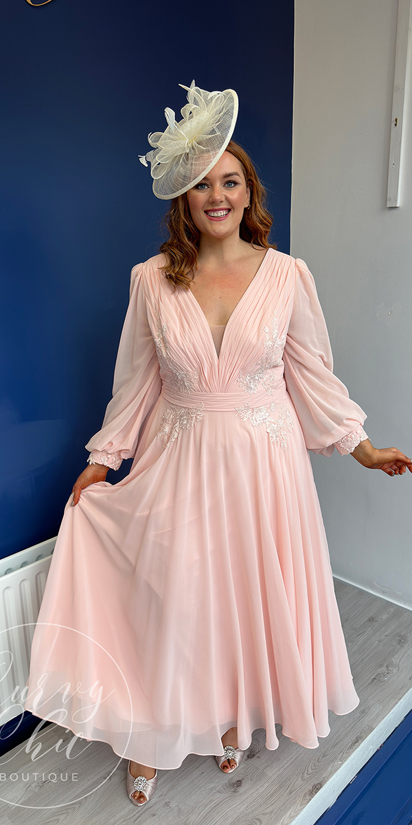 petite mother of the bride dresses pink with long sleeves for plus size curvy bridal
