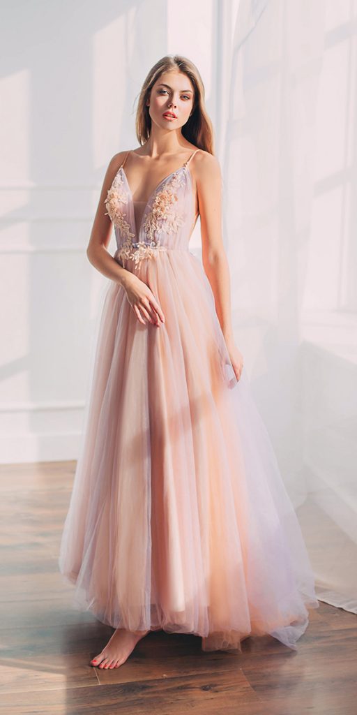 blush-wedding-dresses-a-line-with-spaghetti-straps-shutterstock