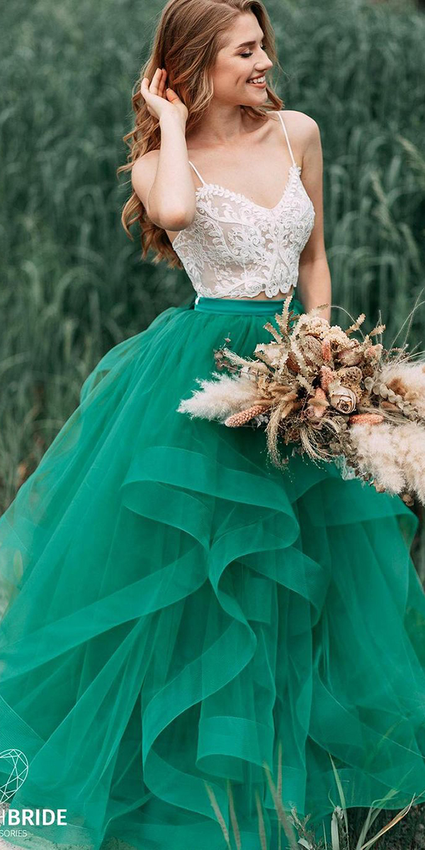 green wedding dresses ruffled skirt with lace white top stylishbrideaccs